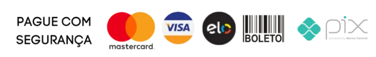 Formas de pagamento aceitas: Mastercard, Visa, Elo, Boleto e Pix